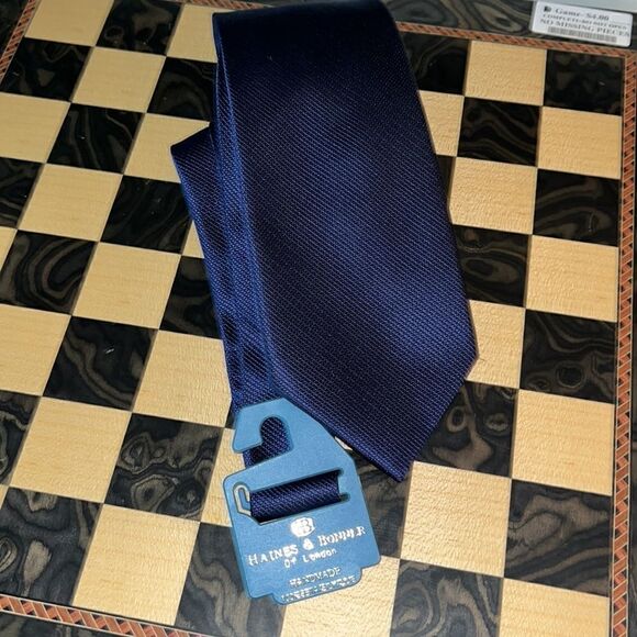 New Haines & Bonner of London 100% silk print Solid Blue Neck tie handmade H&B - Picture 1 of 4